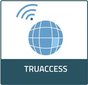 TruAccess Product Icon, hyperlinks to Solutions page. Icon is a blue globe with grid lines and a Wi-Fi symbol in the top left.