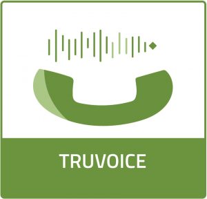 TruVoice Product Icon, hyperlinks to Solutions page. Icon is a green land-line phone receiver facing upwards, multiple vertical straight lines of different sizes are located between the phone ends.