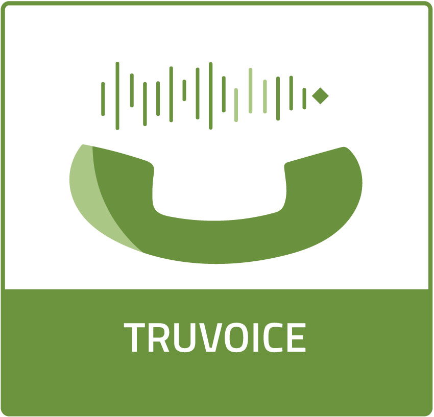 TruVoice Product Icon, hyperlinks to Solutions page. Icon is a green land-line phone receiver facing upwards, multiple vertical straight lines of different sizes are located between the phone ends.